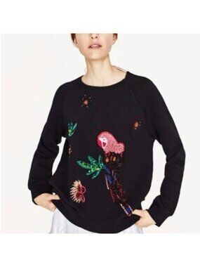 Zara Black Sequin Parrot Holiday Embroidered Sweater Women’s XS Tropical